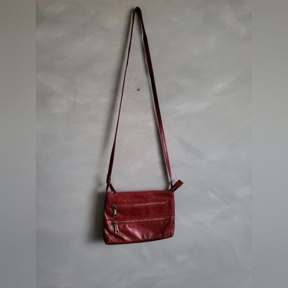 Red Smooth Leather Crossbody 10x7 Double Zip Distressed Bag Hobo International - Picture 2 of 9